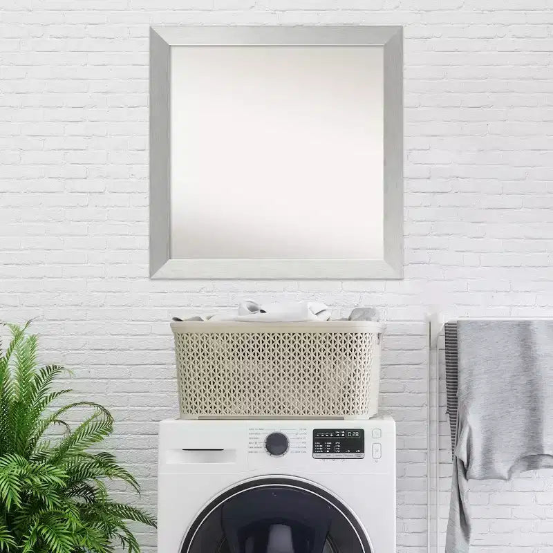 30" x 30" Non-Beveled Wood Bathroom Wall Mirror Brushed Sterling Silver
