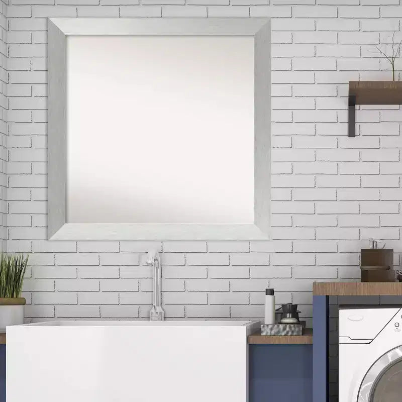 30" x 30" Non-Beveled Wood Bathroom Wall Mirror Brushed Sterling Silver