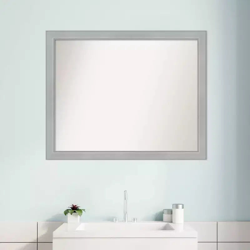 31" x 25" Non-Beveled Vista Brushed Nickel Narrow Bathroom Wall Mirror -: Rectangle, Polystyrene Frame, Wall Mounted
