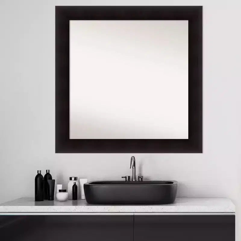 32" x 32" Non-Beveled Portico Espresso Wood Bathroom Wall Mirror -: Modern Square Design, Wall Mount, Includes Hardware