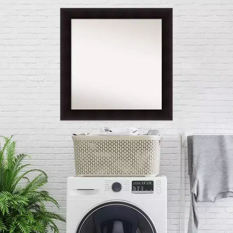 32" x 32" Non-Beveled Portico Espresso Wood Bathroom Wall Mirror -: Modern Square Design, Wall Mount, Includes Hardware