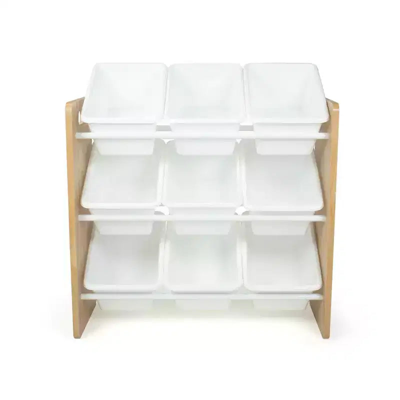 Kids' Journey Toy Storage Organizer with 9 Plastic Storage Bins Natural Wood/White -: MDF Frame, 3 Shelves