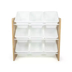 Spielzeug-Organizer für Kinder mit 9 Kunststoff-Aufbewahrungsboxen, naturfarbenes Holz/Weiß -: MDF-Gestell, 3 Ablagen