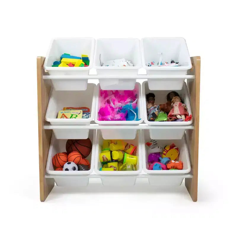 Kids' Journey Toy Storage Organizer with 9 Plastic Storage Bins Natural Wood/White -: MDF Frame, 3 Shelves