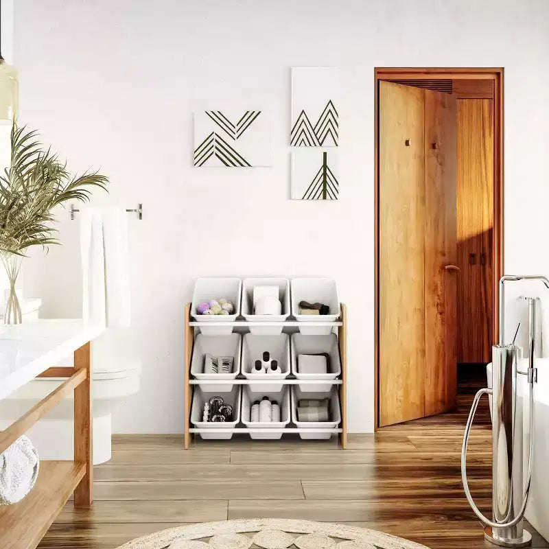 Kids' Journey Toy Storage Organizer with 9 Plastic Storage Bins Natural Wood/White -: MDF Frame, 3 Shelves