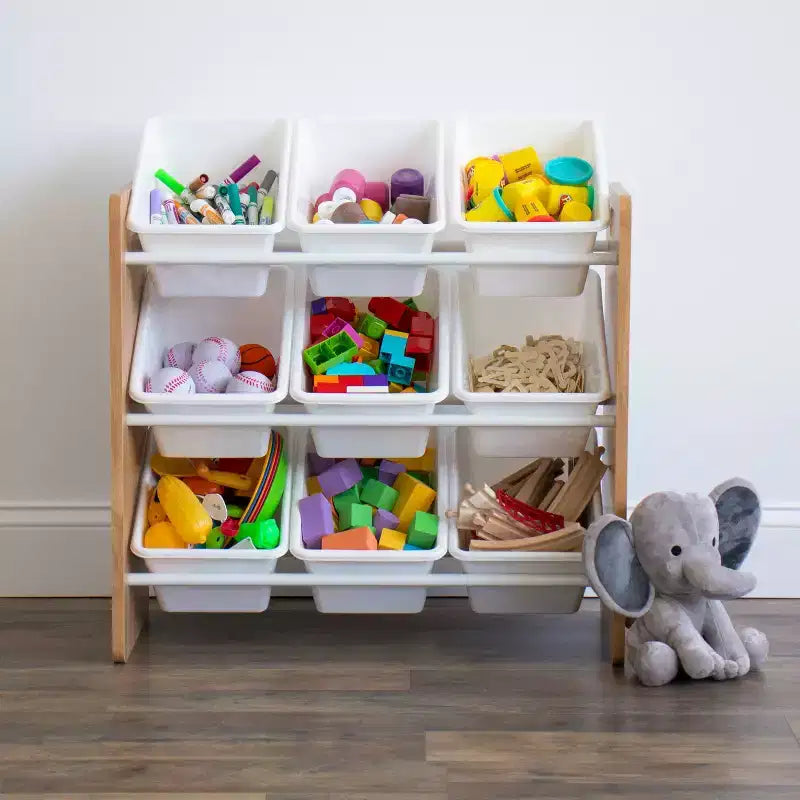 Kids' Journey Toy Storage Organizer with 9 Plastic Storage Bins Natural Wood/White -: MDF Frame, 3 Shelves