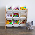 Spielzeug-Organizer für Kinder mit 9 Kunststoff-Aufbewahrungsboxen, naturfarbenes Holz/Weiß -: MDF-Gestell, 3 Ablagen