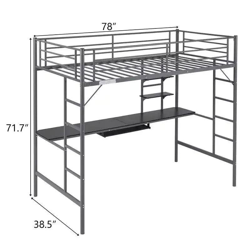 Twin Size Metal Loft Bed with Desk And Storage Shelves, 2 Built-In Ladders