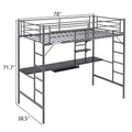 Twin Size Metal Loft Bed with Desk And Storage Shelves, 2 Built-In Ladders
