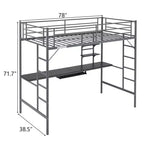 Twin Size Metal Loft Bed with Desk And Storage Shelves, 2 Built-In Ladders