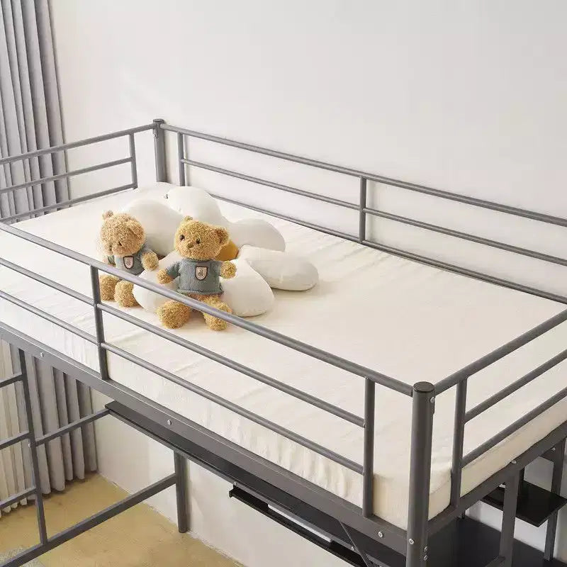 Twin Size Metal Loft Bed with Desk And Storage Shelves, 2 Built-In Ladders