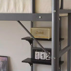 Twin Size Metal Loft Bed with Desk And Storage Shelves, 2 Built-In Ladders