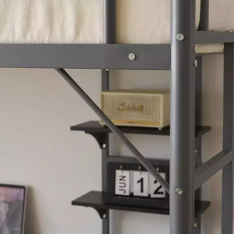 Twin Size Metal Loft Bed with Desk And Storage Shelves, 2 Built-In Ladders