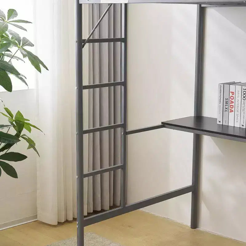 Twin Size Metal Loft Bed with Desk And Storage Shelves, 2 Built-In Ladders