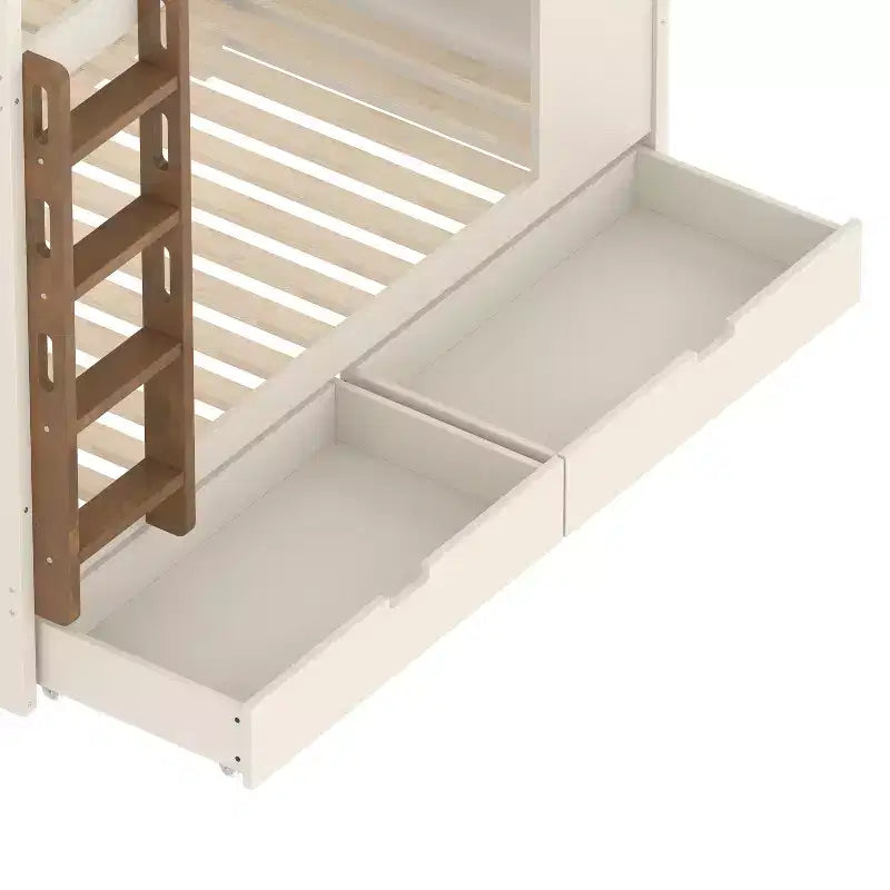 Queen over Queen Bunk Bed with Storage Drawers and Shelves, Solid Wood Bunk Bed Frame with Hooks, No Box Spring Needed