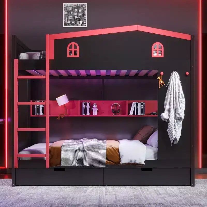 Queen over Queen Bunk Bed with Storage Drawers and Shelves, Solid Wood Bunk Bed Frame with Hooks, No Box Spring Needed