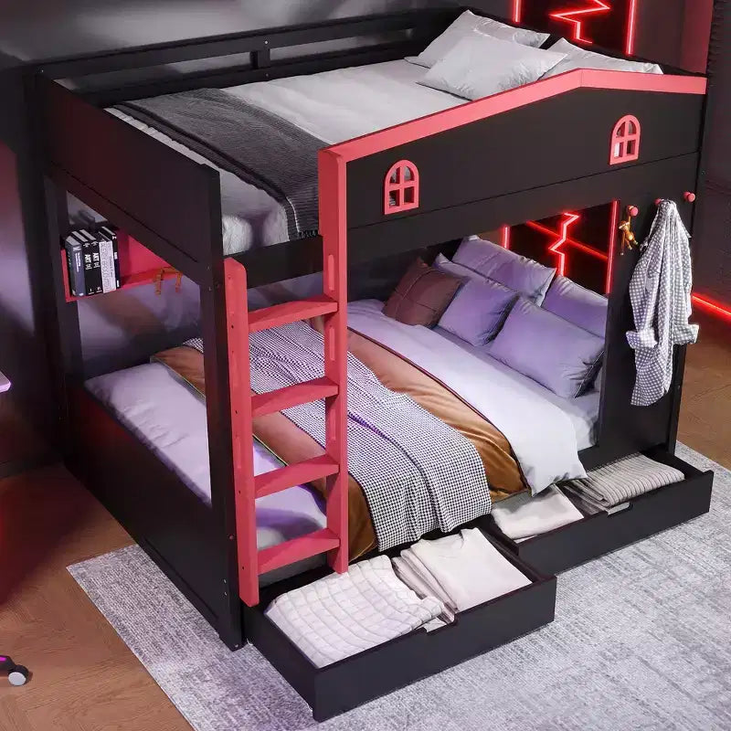 Queen over Queen Bunk Bed with Storage Drawers and Shelves, Solid Wood Bunk Bed Frame with Hooks, No Box Spring Needed
