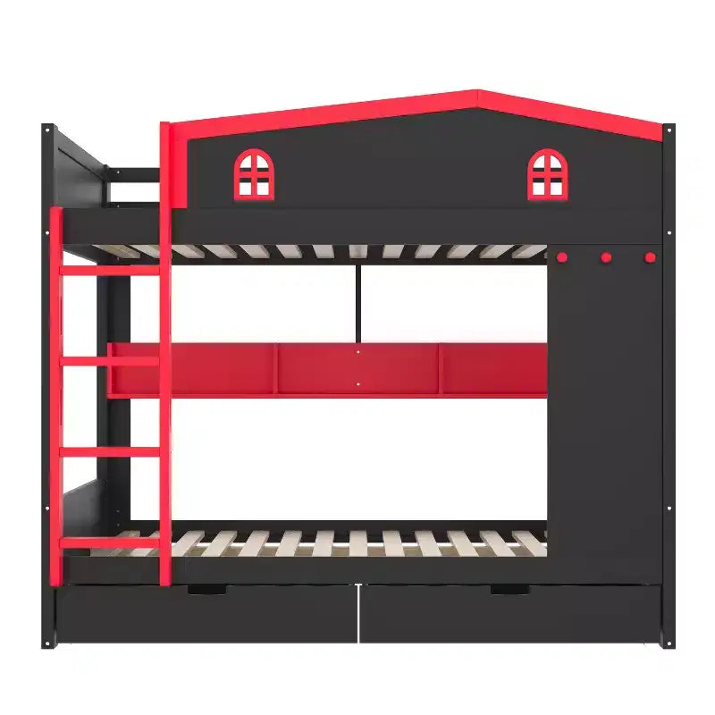Queen over Queen Bunk Bed with Storage Drawers and Shelves, Solid Wood Bunk Bed Frame with Hooks, No Box Spring Needed