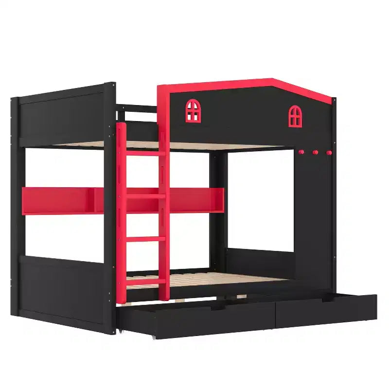 Queen over Queen Bunk Bed with Storage Drawers and Shelves, Solid Wood Bunk Bed Frame with Hooks, No Box Spring Needed