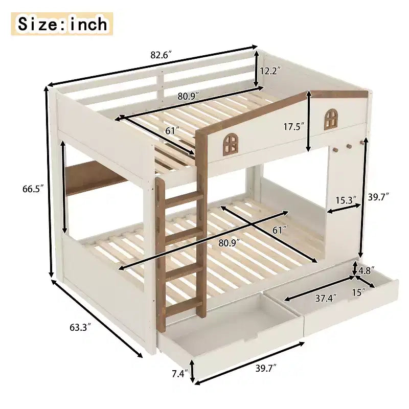 Queen over Queen Bunk Bed with Storage Drawers and Shelves, Solid Wood Bunk Bed Frame with Hooks, No Box Spring Needed