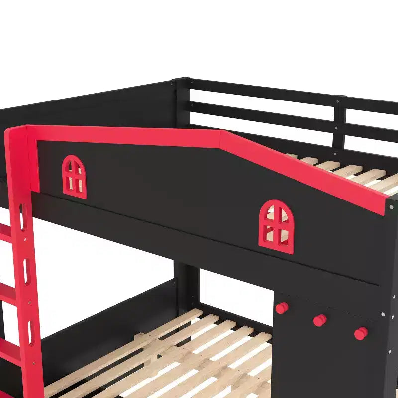 Queen over Queen Bunk Bed with Storage Drawers and Shelves, Solid Wood Bunk Bed Frame with Hooks, No Box Spring Needed