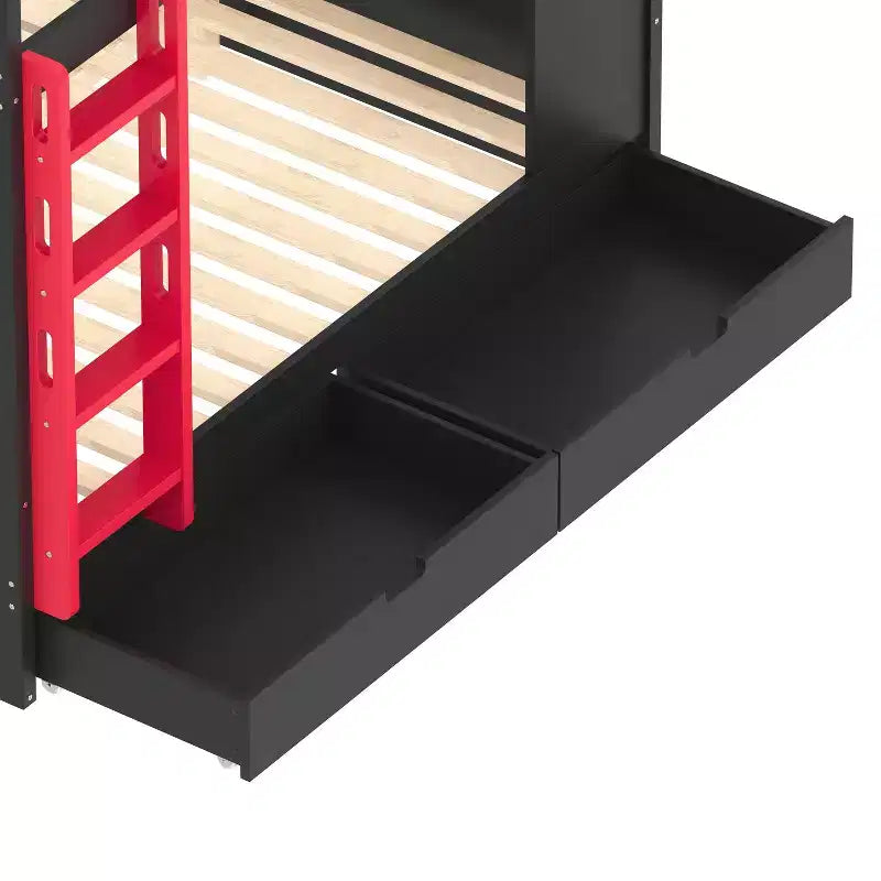 Queen over Queen Bunk Bed with Storage Drawers and Shelves, Solid Wood Bunk Bed Frame with Hooks, No Box Spring Needed