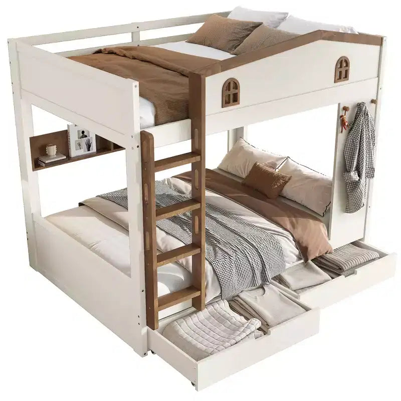 Queen over Queen Bunk Bed with Storage Drawers and Shelves, Solid Wood Bunk Bed Frame with Hooks, No Box Spring Needed
