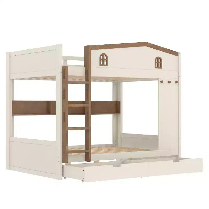 Queen over Queen Bunk Bed with Storage Drawers and Shelves, Solid Wood Bunk Bed Frame with Hooks, No Box Spring Needed