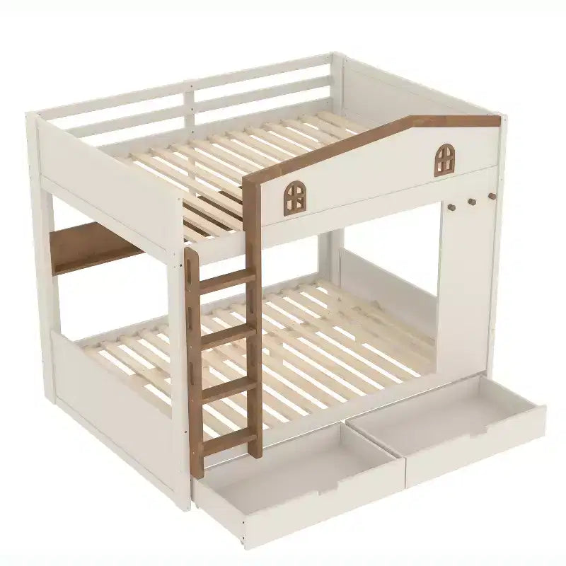 Queen over Queen Bunk Bed with Storage Drawers and Shelves, Solid Wood Bunk Bed Frame with Hooks, No Box Spring Needed