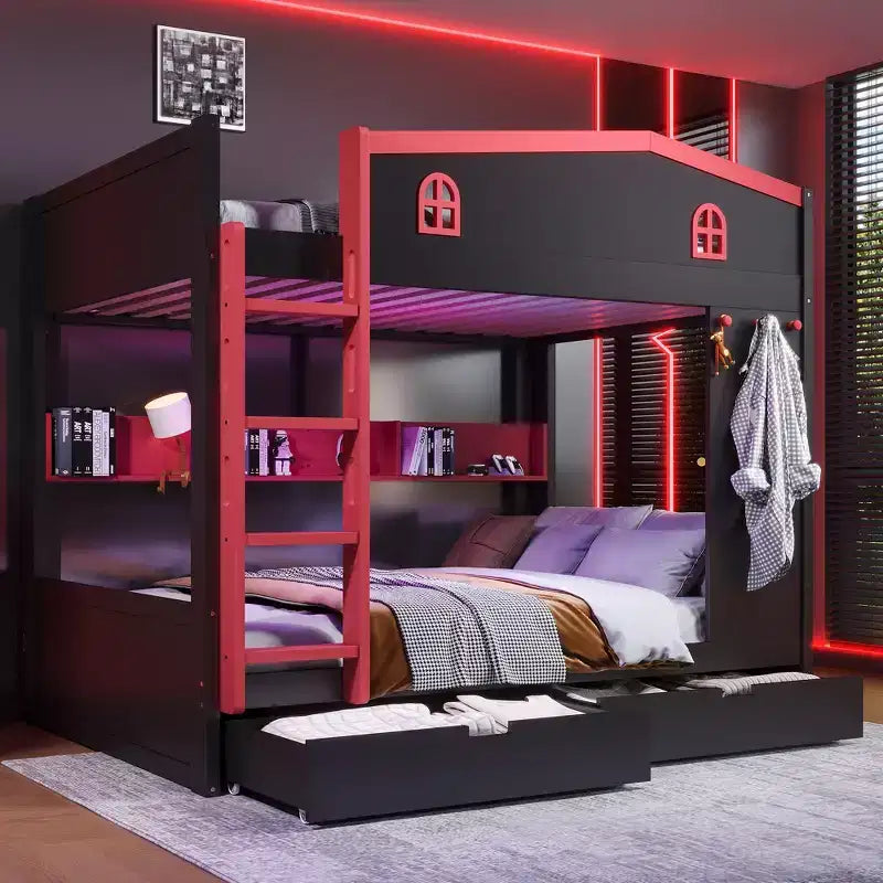 Queen over Queen Bunk Bed with Storage Drawers and Shelves, Solid Wood Bunk Bed Frame with Hooks, No Box Spring Needed
