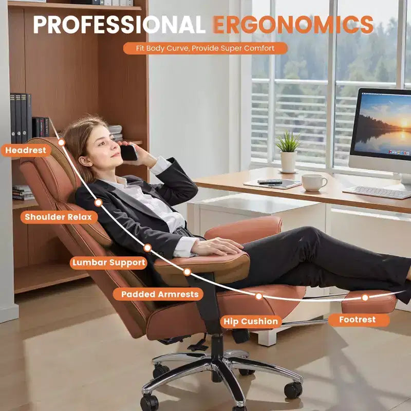 Big and Tall Leather Chair with Footrest, Wide Ergonomic Comfy High Back Executive Chairs With Lumbar Support, Black