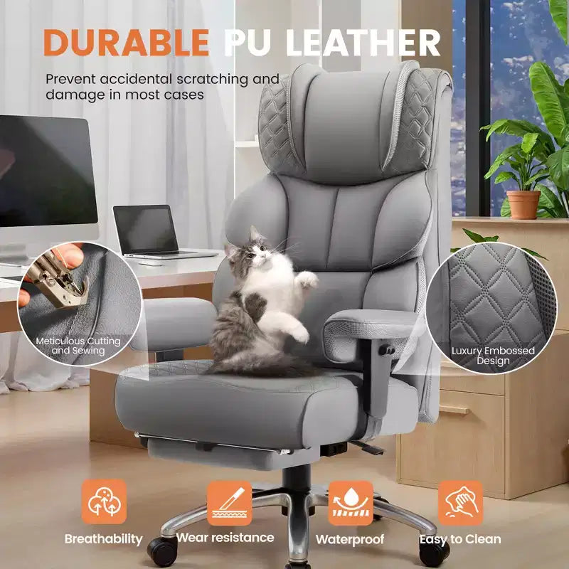 Big and Tall Leather Chair with Footrest, Wide Ergonomic Comfy High Back Executive Chairs With Lumbar Support, Black