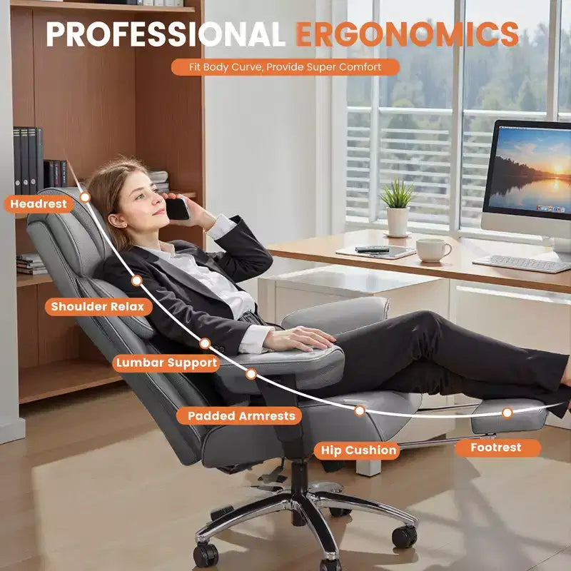 Big and Tall Leather Chair with Footrest, Wide Ergonomic Comfy High Back Executive Chairs With Lumbar Support, Black