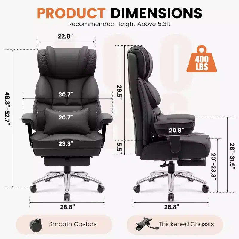 Big and Tall Leather Chair with Footrest, Wide Ergonomic Comfy High Back Executive Chairs With Lumbar Support, Black