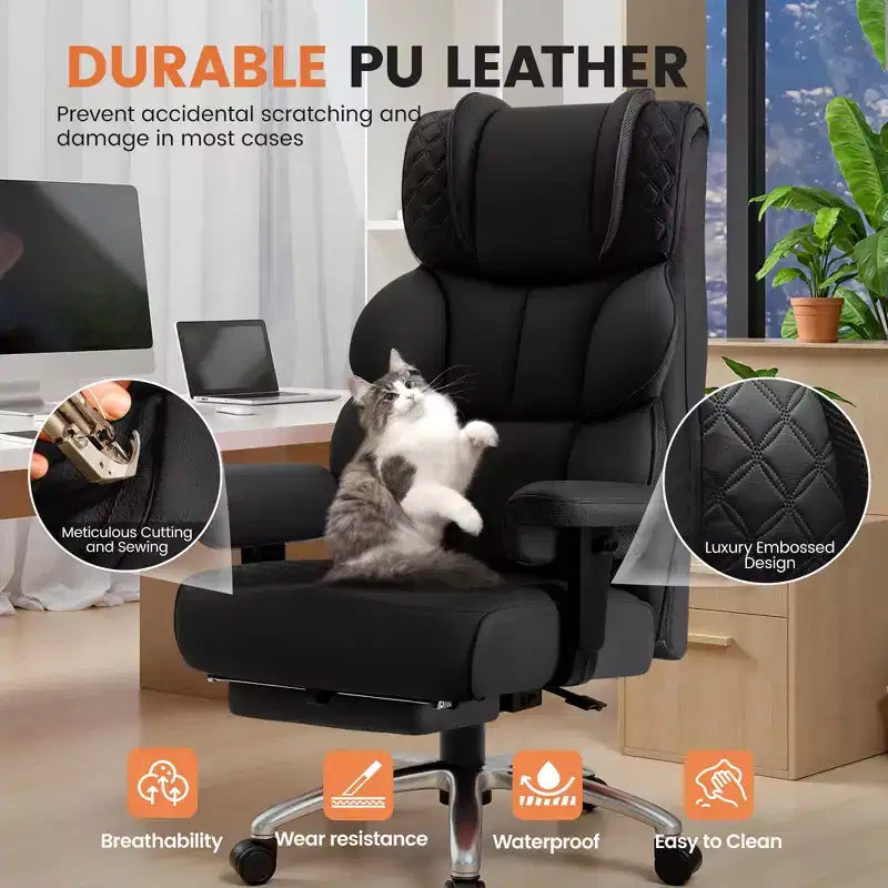 Big and Tall Leather Chair with Footrest, Wide Ergonomic Comfy High Back Executive Chairs With Lumbar Support, Black