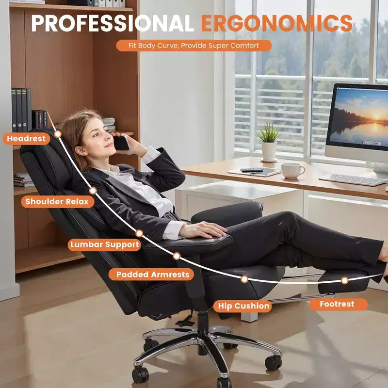 Big and Tall Leather Chair with Footrest, Wide Ergonomic Comfy High Back Executive Chairs With Lumbar Support, Black