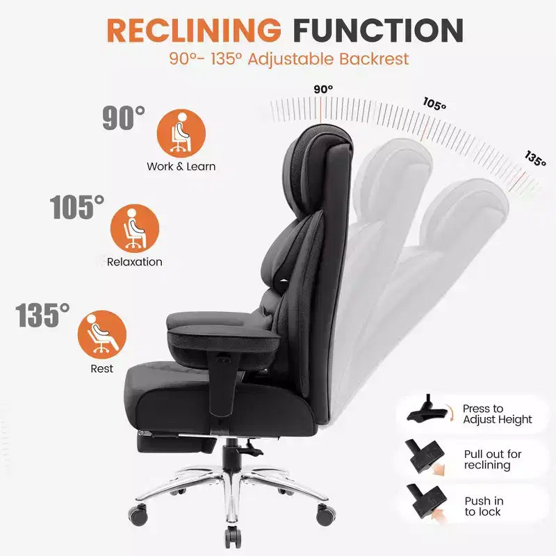 Big and Tall Leather Chair with Footrest, Wide Ergonomic Comfy High Back Executive Chairs With Lumbar Support, Black