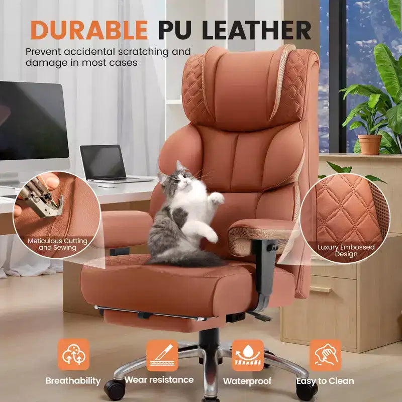 Big and Tall Leather Chair with Footrest, Wide Ergonomic Comfy High Back Executive Chairs With Lumbar Support, Black