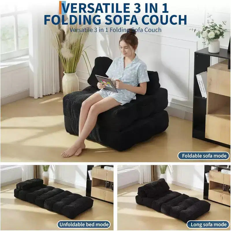 Single Folding Sofa Bed & Sleeper Chair with Pillow, Portable Mattress Support for Living Room, Bedroom, Dorm, Apartment Black (2pcs)