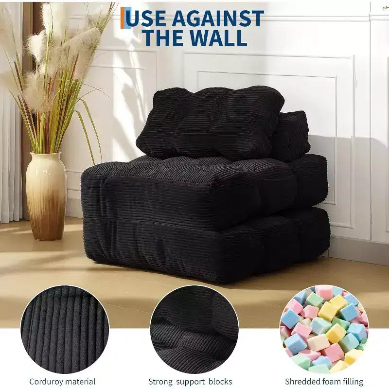 Single Folding Sofa Bed & Sleeper Chair with Pillow, Portable Mattress Support for Living Room, Bedroom, Dorm, Apartment Black (2pcs)