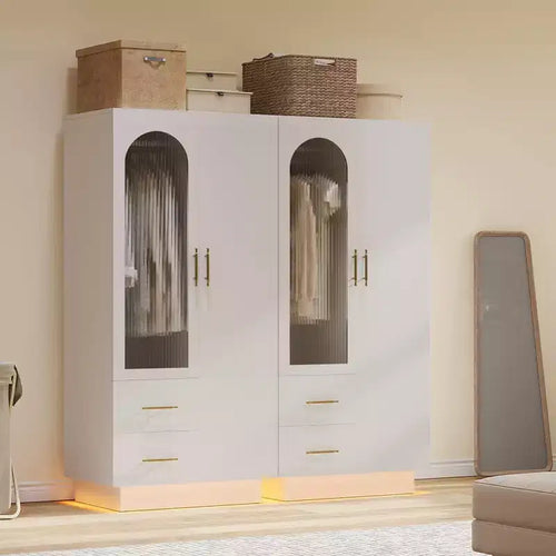 2-Door Storage Cabinet with Glass Door, Contemporary Wooden Organizer Unit with Hanging Rods and 2 Drawers, Tall Storage Cabinet