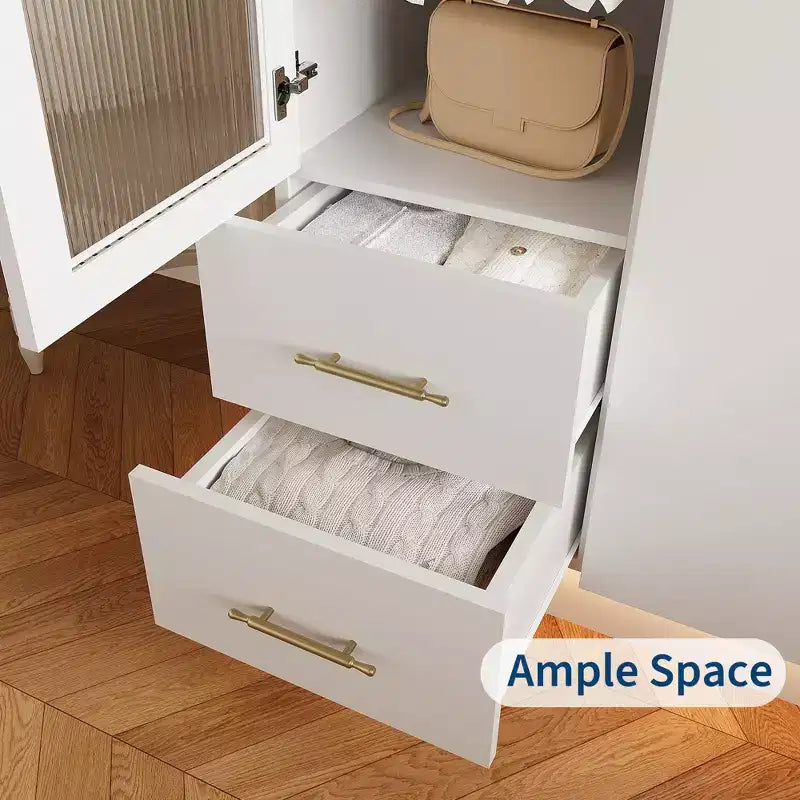 2-Door Storage Cabinet with Glass Door, Contemporary Wooden Organizer Unit with Hanging Rods and 2 Drawers, Tall Storage Cabinet