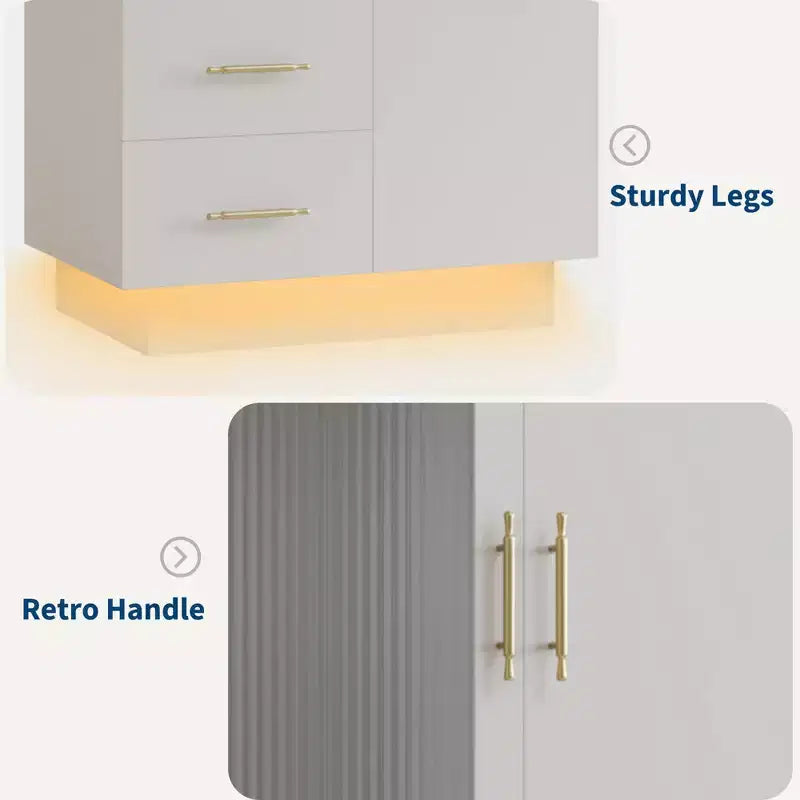 2-Door Storage Cabinet with Glass Door, Contemporary Wooden Organizer Unit with Hanging Rods and 2 Drawers, Tall Storage Cabinet