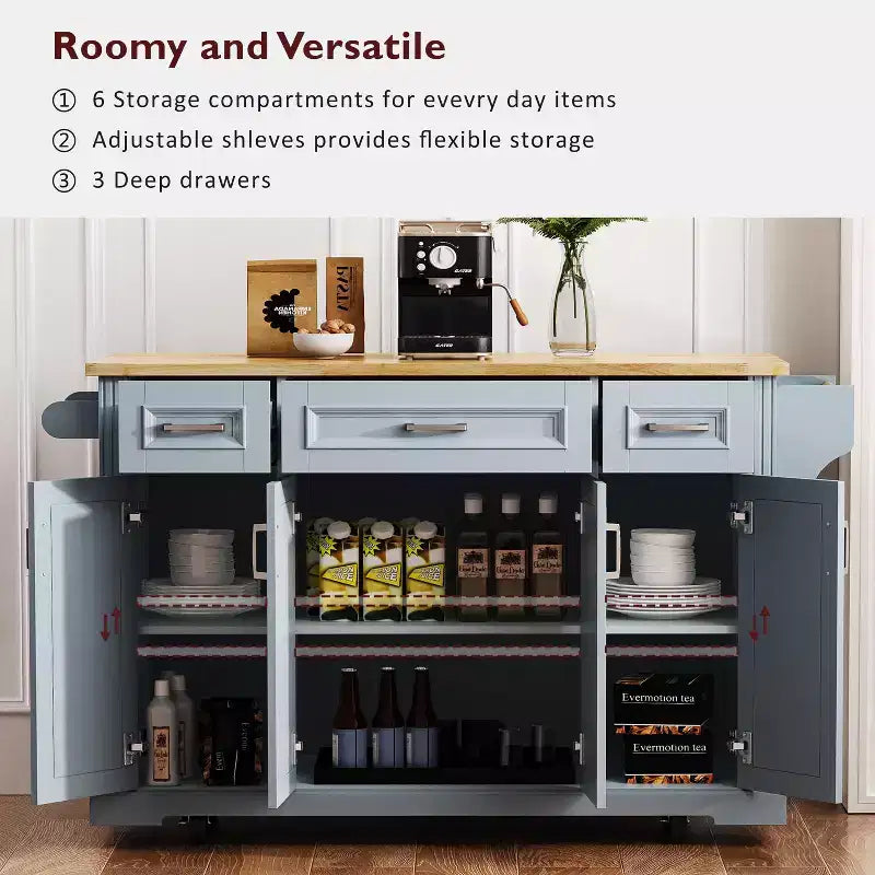 Gaius 54 Kitchen Island with Rubber Wood Drop Leaf, Wheels, 4 Doors and 3 Drawers