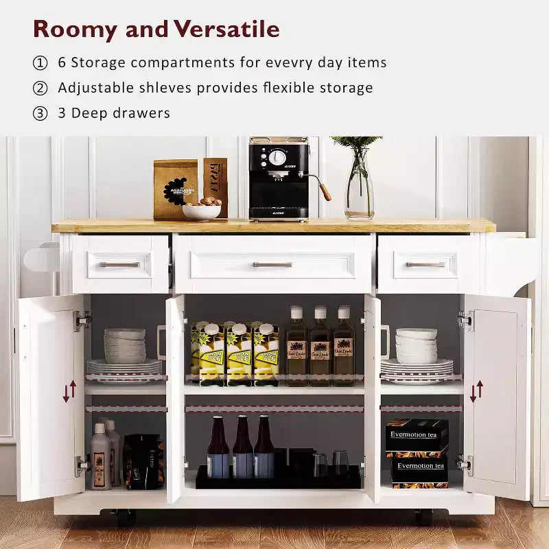 Gaius 54 Kitchen Island with Rubber Wood Drop Leaf, Wheels, 4 Doors and 3 Drawers