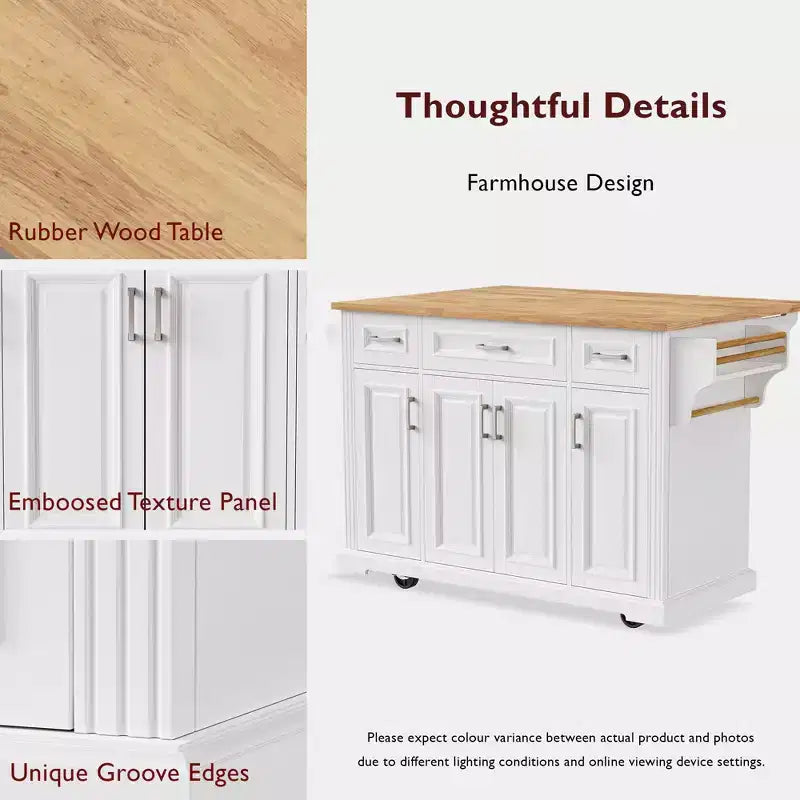 Gaius 54 Kitchen Island with Rubber Wood Drop Leaf, Wheels, 4 Doors and 3 Drawers