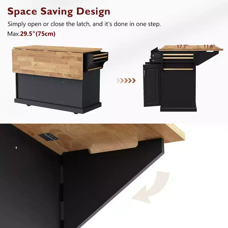 Gaius 54 Kitchen Island with Rubber Wood Drop Leaf, Wheels, 4 Doors and 3 Drawers
