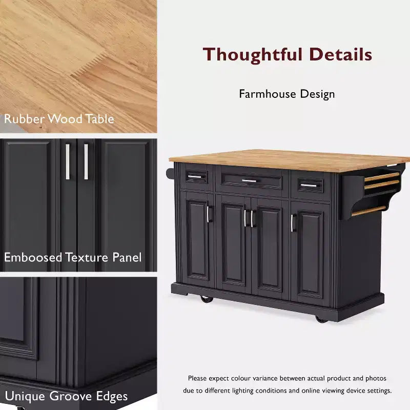 Gaius 54 Kitchen Island with Rubber Wood Drop Leaf, Wheels, 4 Doors and 3 Drawers