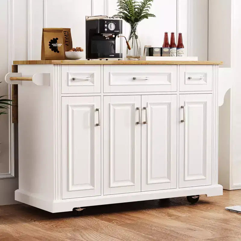 Gaius 54 Kitchen Island with Rubber Wood Drop Leaf, Wheels, 4 Doors and 3 Drawers
