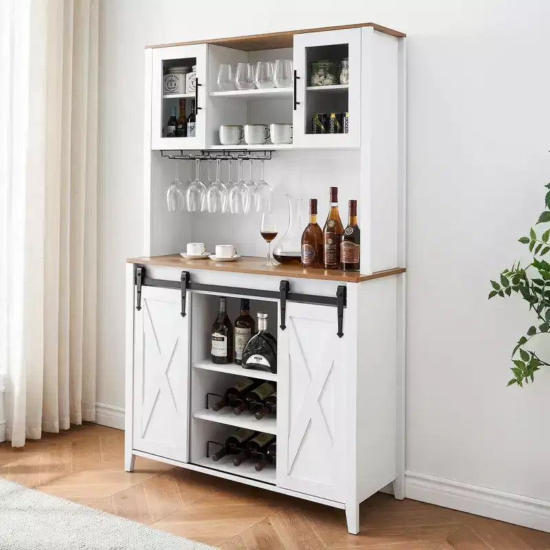 Farmhouse Bar Cabinet with Sliding Barn Door, 70 Rustic Storage Buffet with Wine Rack & Glass Holder for Kitchen, Dining Room or Home Bar